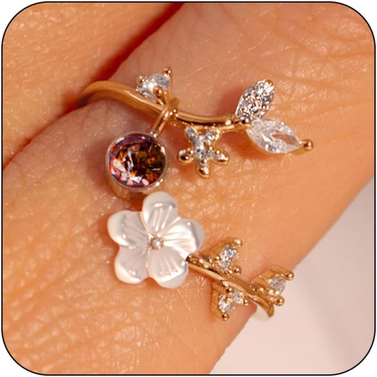 Adjustable Birthstone Flower Ring