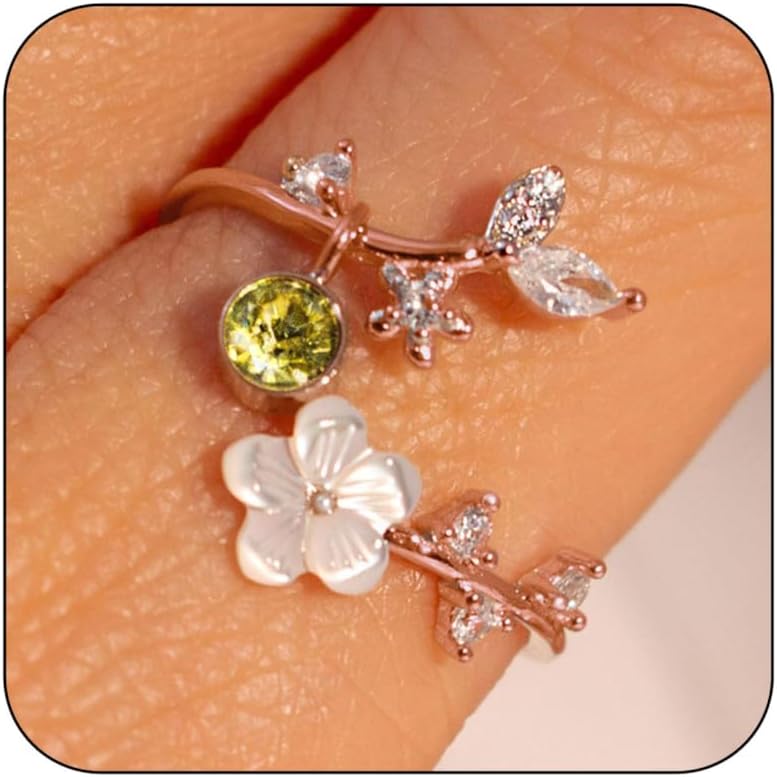 Adjustable Birthstone Flower Ring