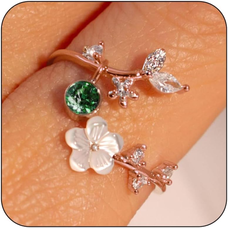 Adjustable Birthstone Flower Ring